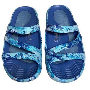 Cheeks Health Sandals Tony Little Sz 10 Blue Slides 3-Strap 169K